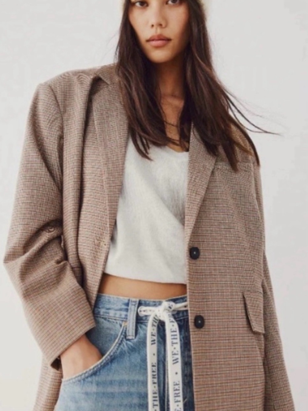 Plaid Taupe Oversized Single-Breasted Blazer